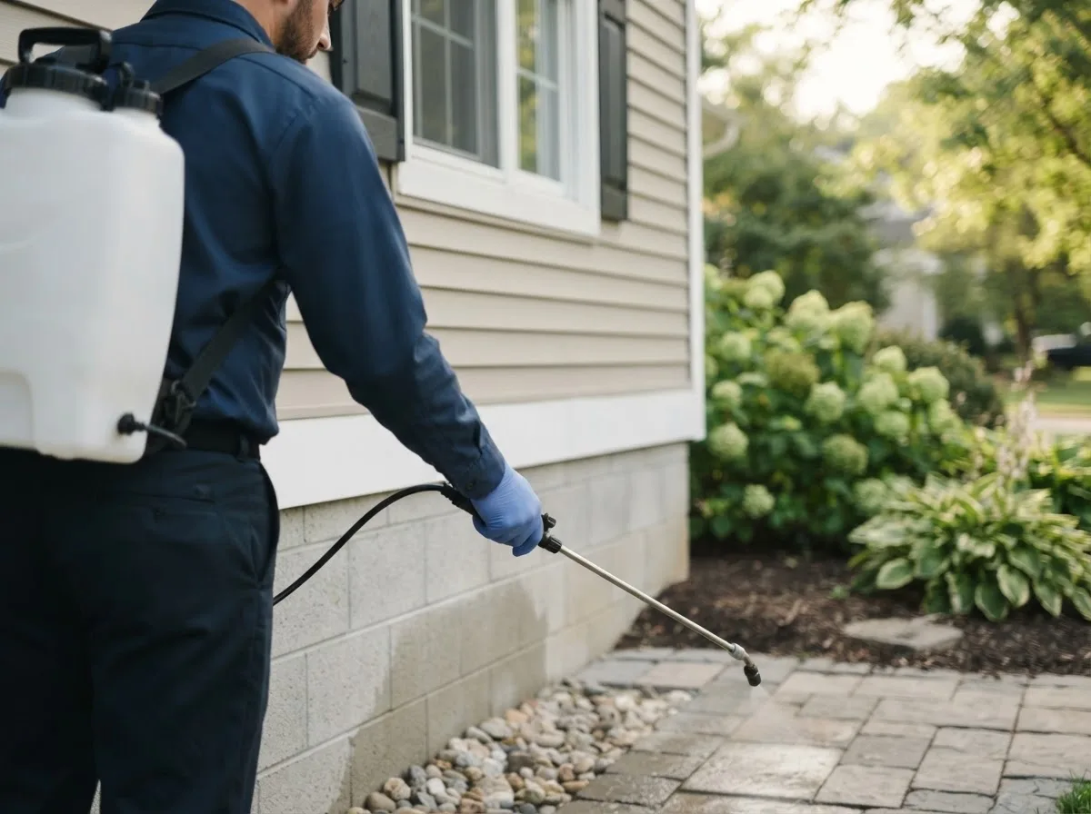 Pest control technician inspecting a home in Homer, IL